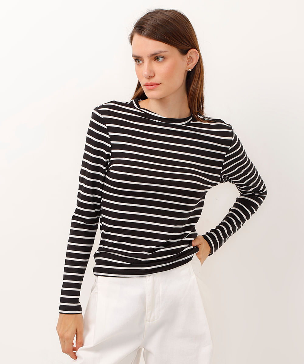 blusa de viscose manga longa listrada preta