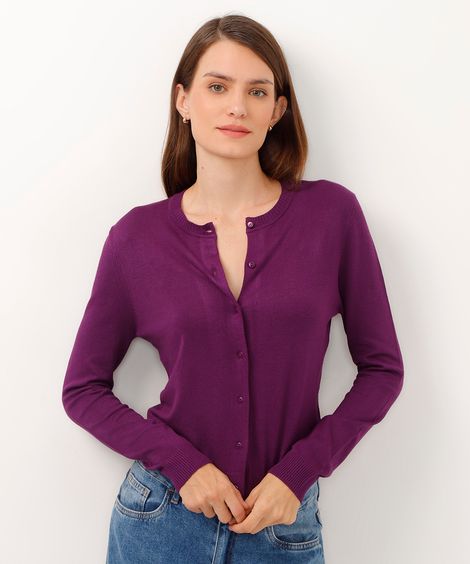 cardigan de tricot decote redondo roxo