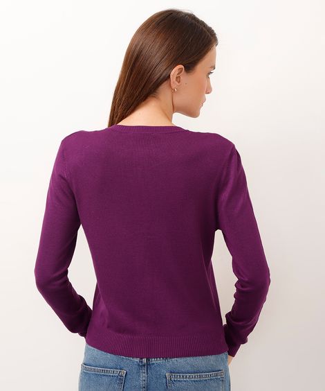 cardigan de tricot decote redondo roxo