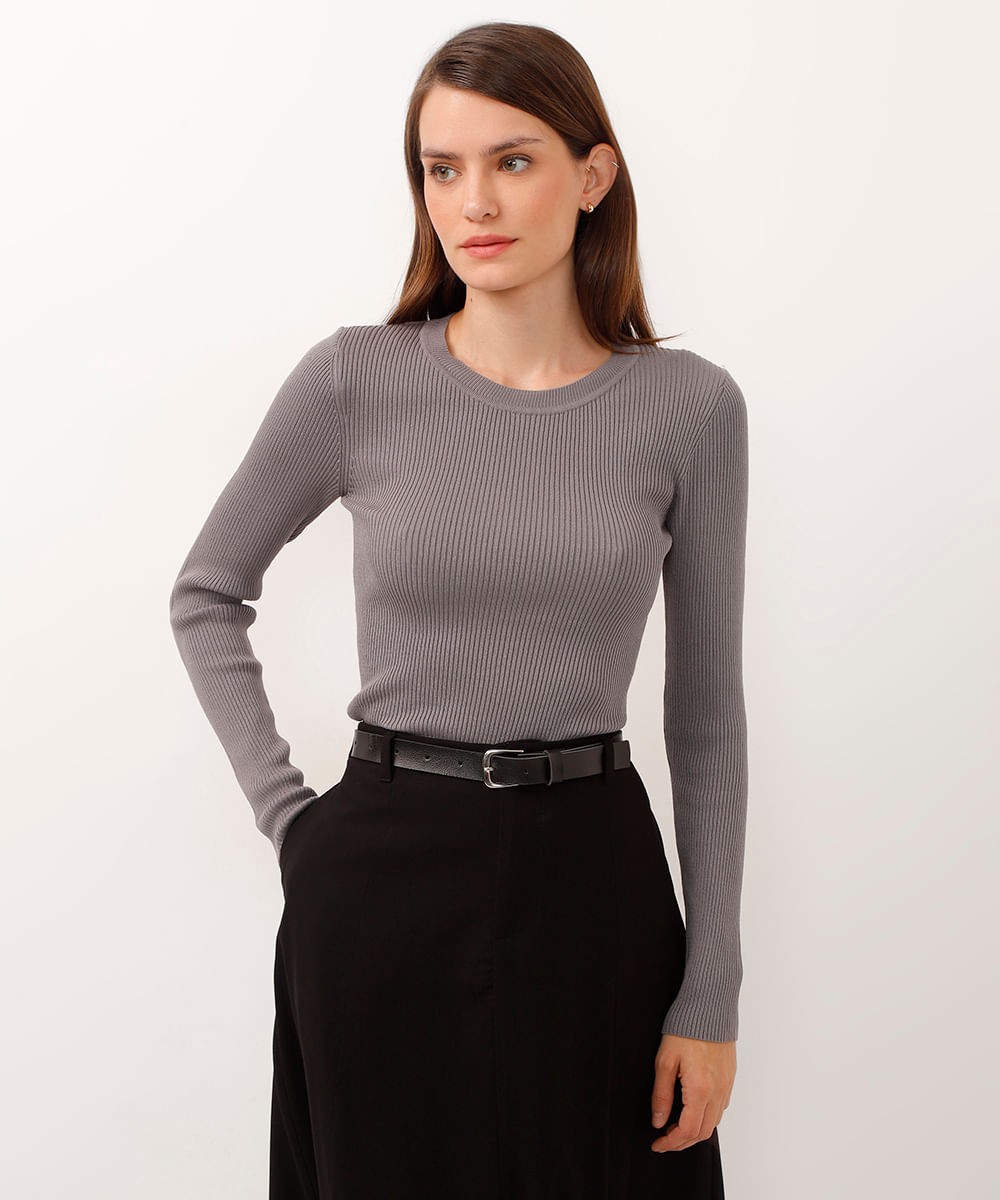 blusa alongada de tricot canelado cinza
