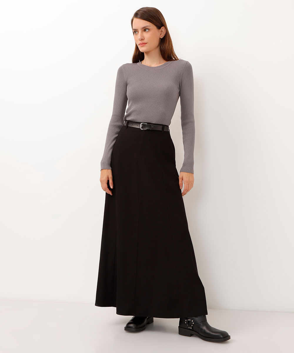 blusa alongada de tricot canelado cinza