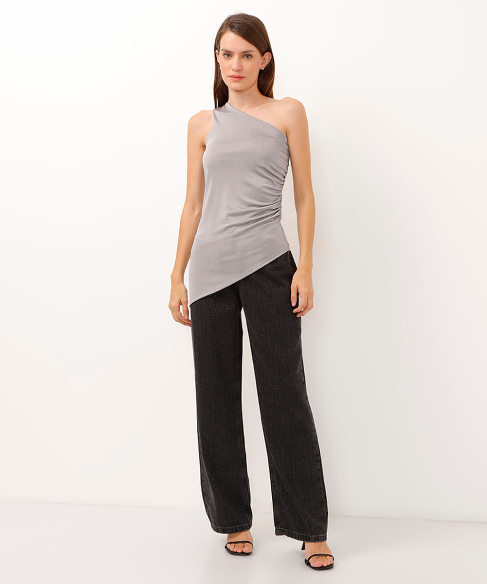 blusa ombro único assimétrica cinza