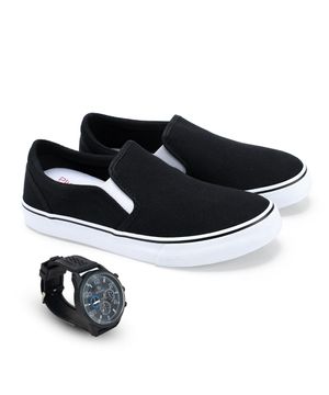 Tenis Masculino Slip On Confortável + Relógio Analógico