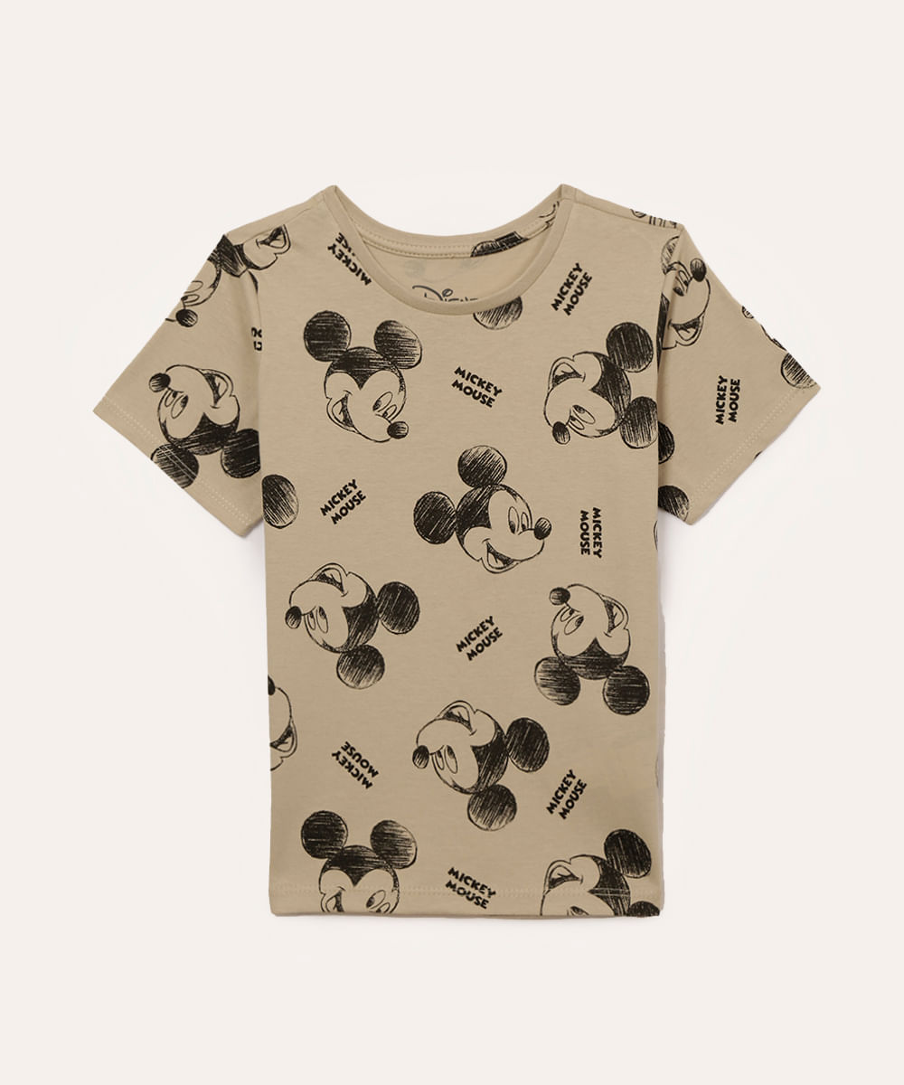 camiseta de algodão infantil mickey manga curta bege