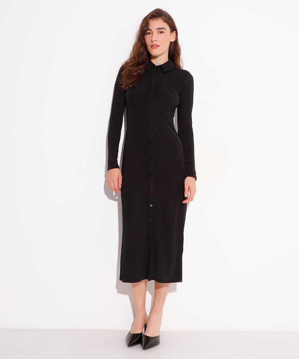 vestido chemise midi manga longa mindset preto