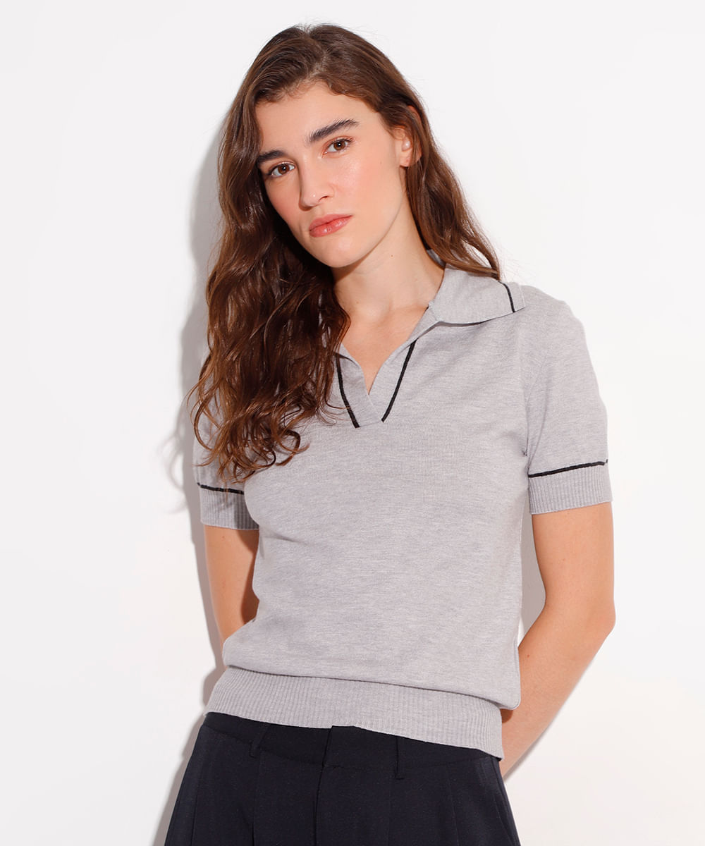 blusa polo de tricot manga curta mindset cinza