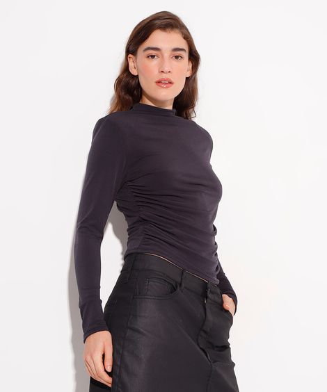 blusa manga longa com ombreiras e franzido mindset preto