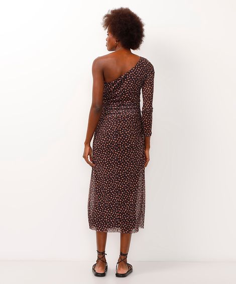 vestido de tule ombro único animal print preto