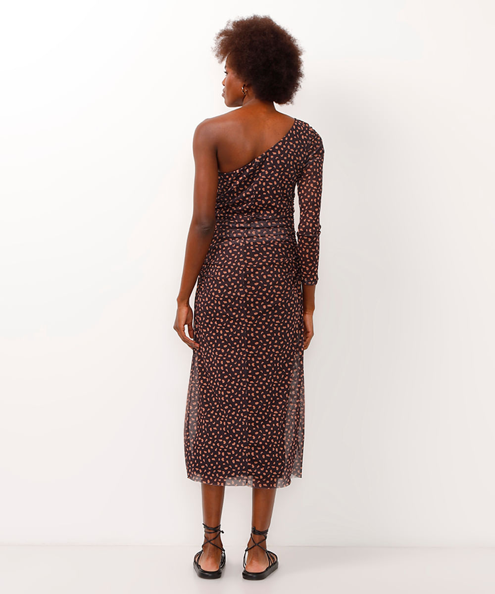 vestido de tule ombro único animal print preto