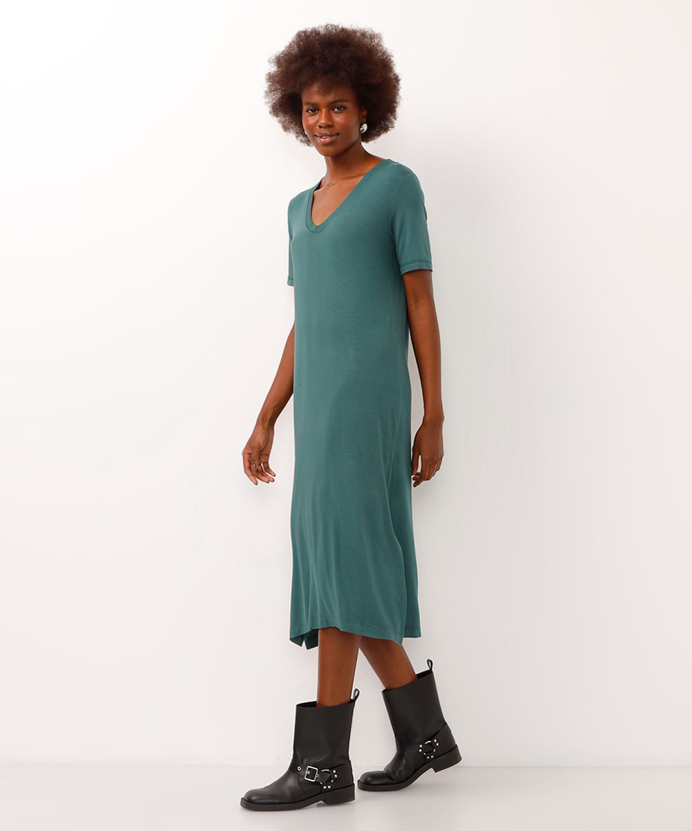 vestido midi básico de viscose decote v verde