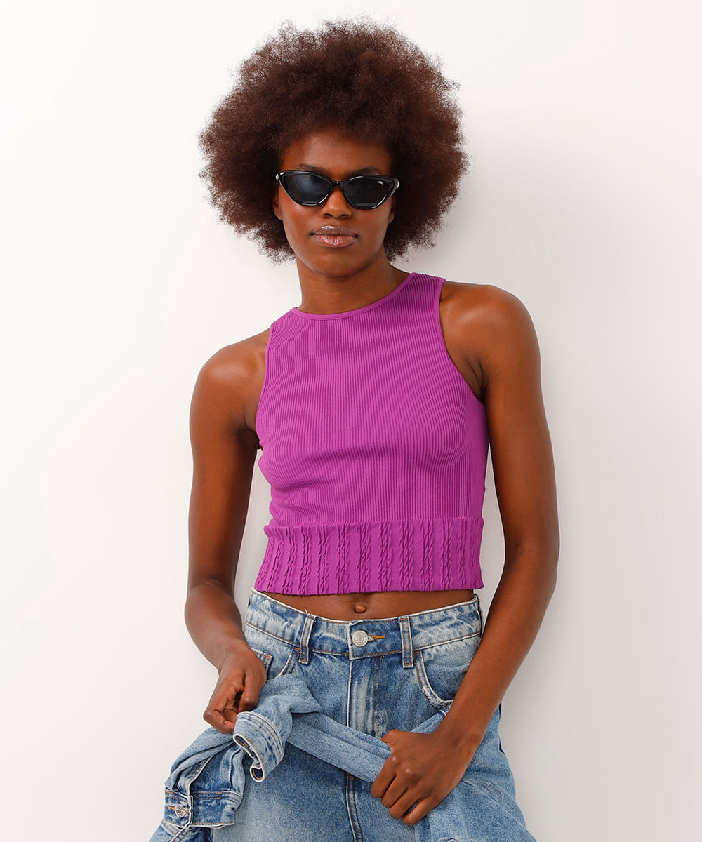 cropped canelado halter neck alça média roxo