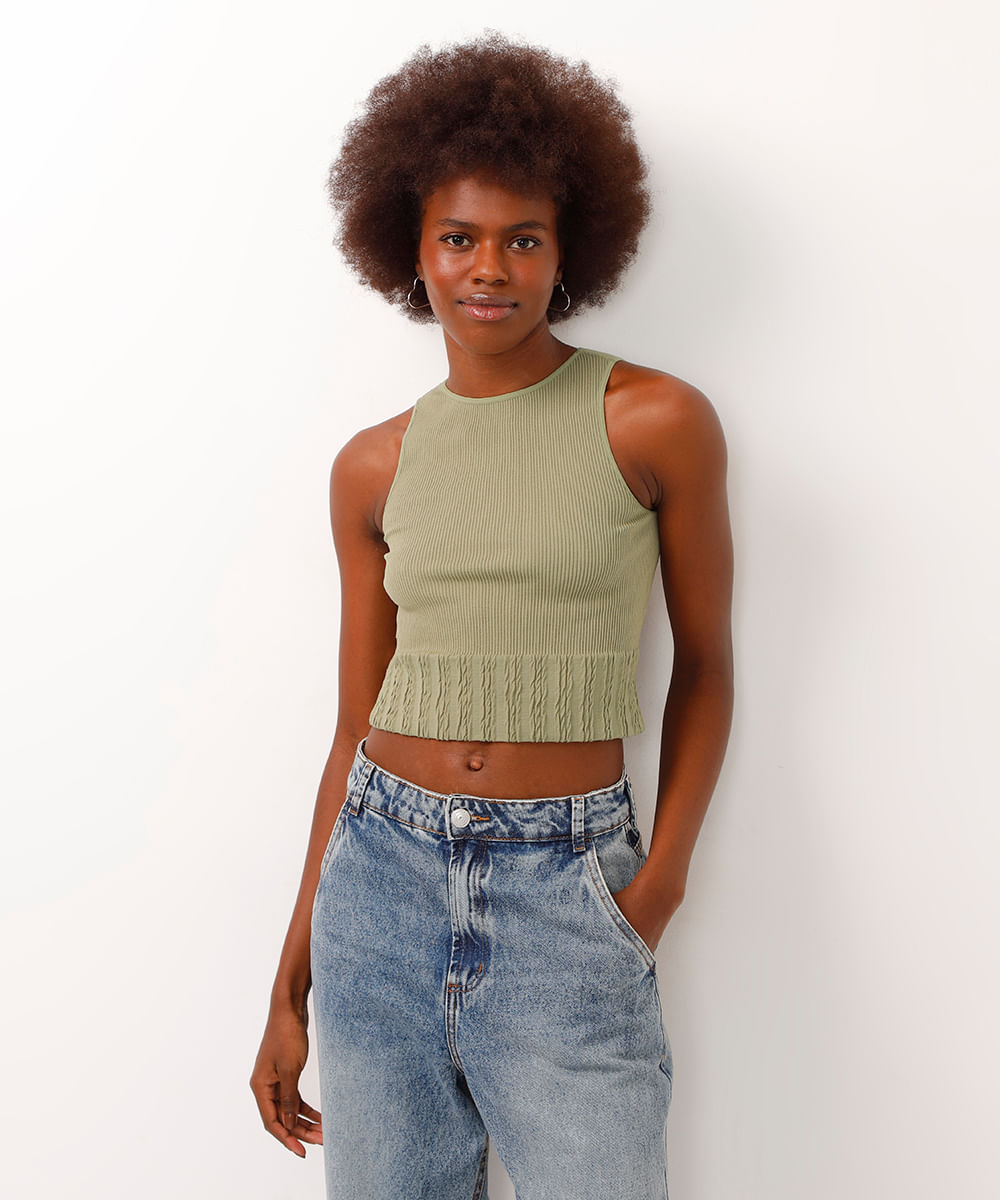 cropped canelado halter neck alça média verde