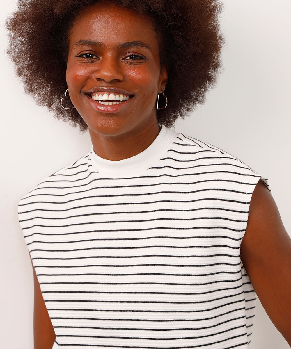blusa de algodão listrada manga japonesa off white