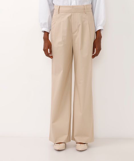 calça de afaiataria wide leg com pregas bege