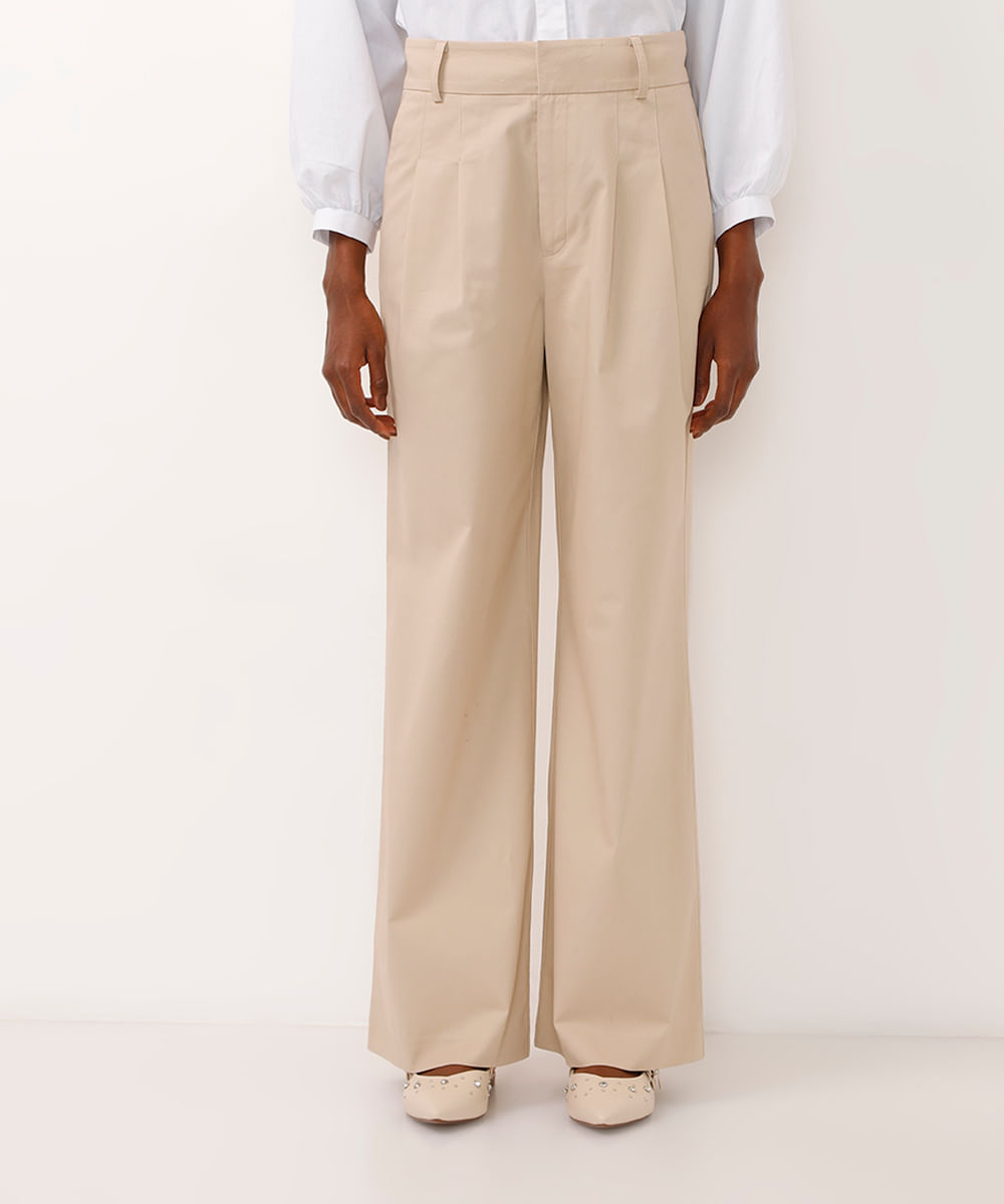 calça de afaiataria wide leg com pregas bege