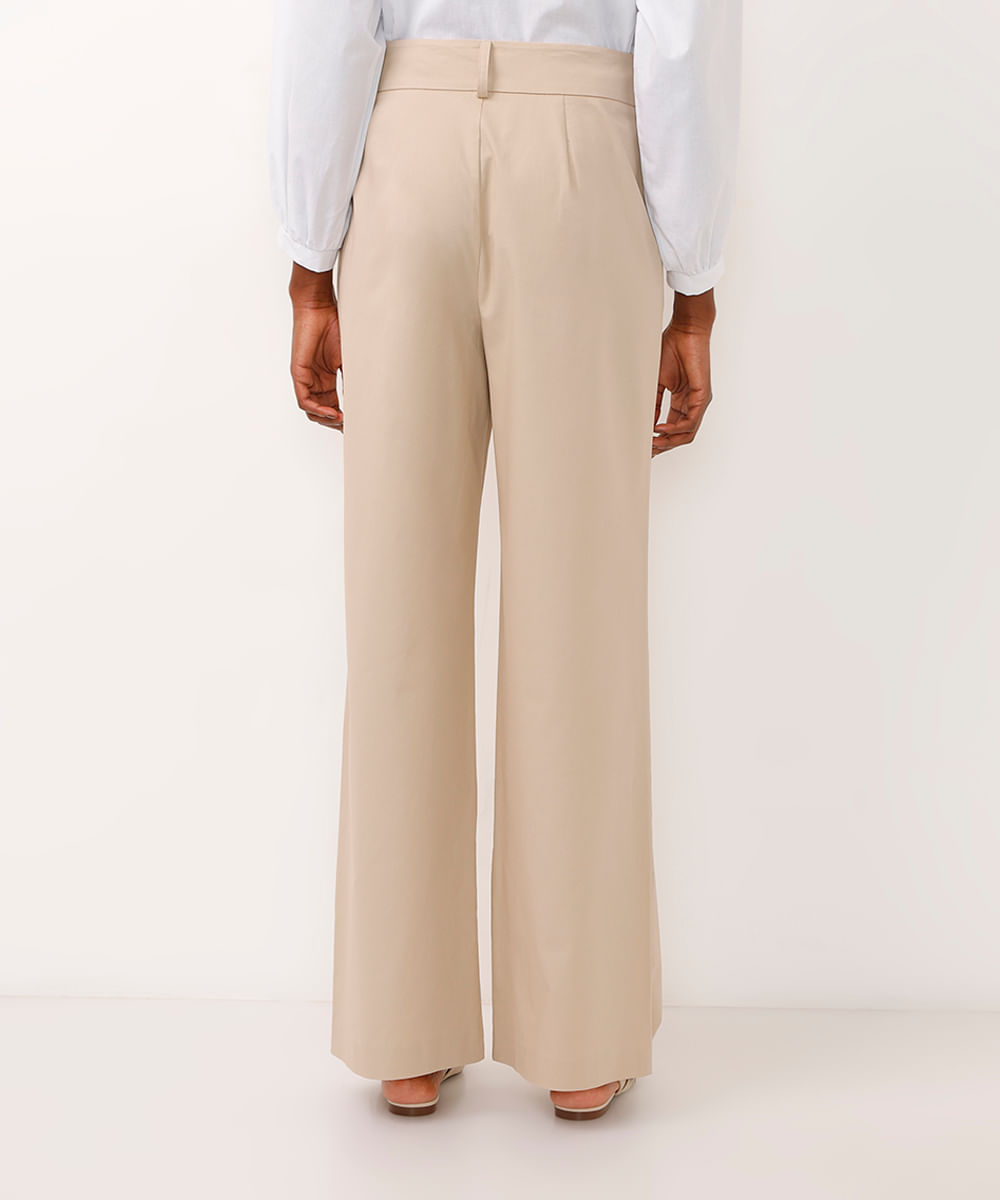calça de afaiataria wide leg com pregas bege