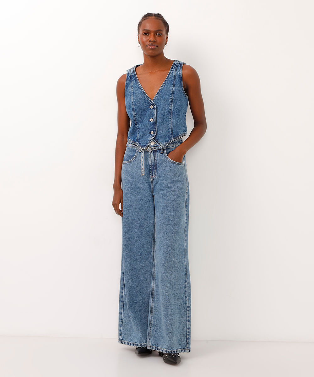 calça jeans wide leg cintura alta com cinto azul