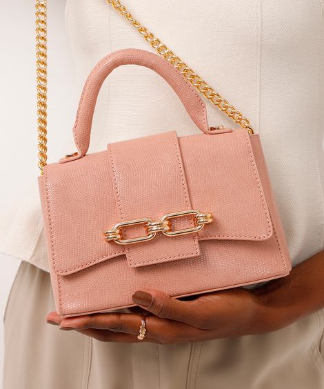 bolsa crossbody com corrente rosa