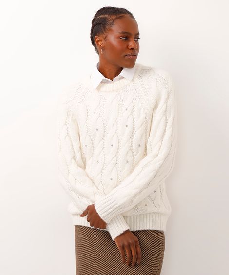 suéter de tricot com brilhos off white