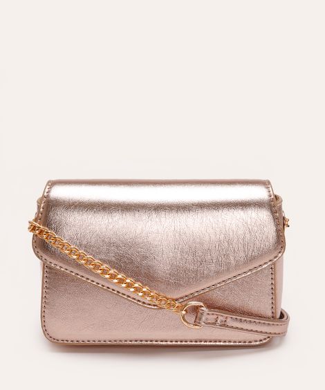 bolsa crossbody metalizada com corrente dourada
