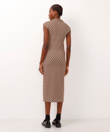 vestido midi manga japonesa listrado bege