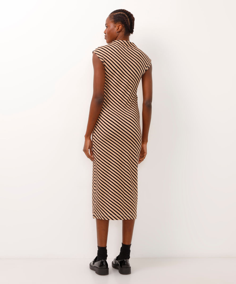 vestido midi manga japonesa listrado bege