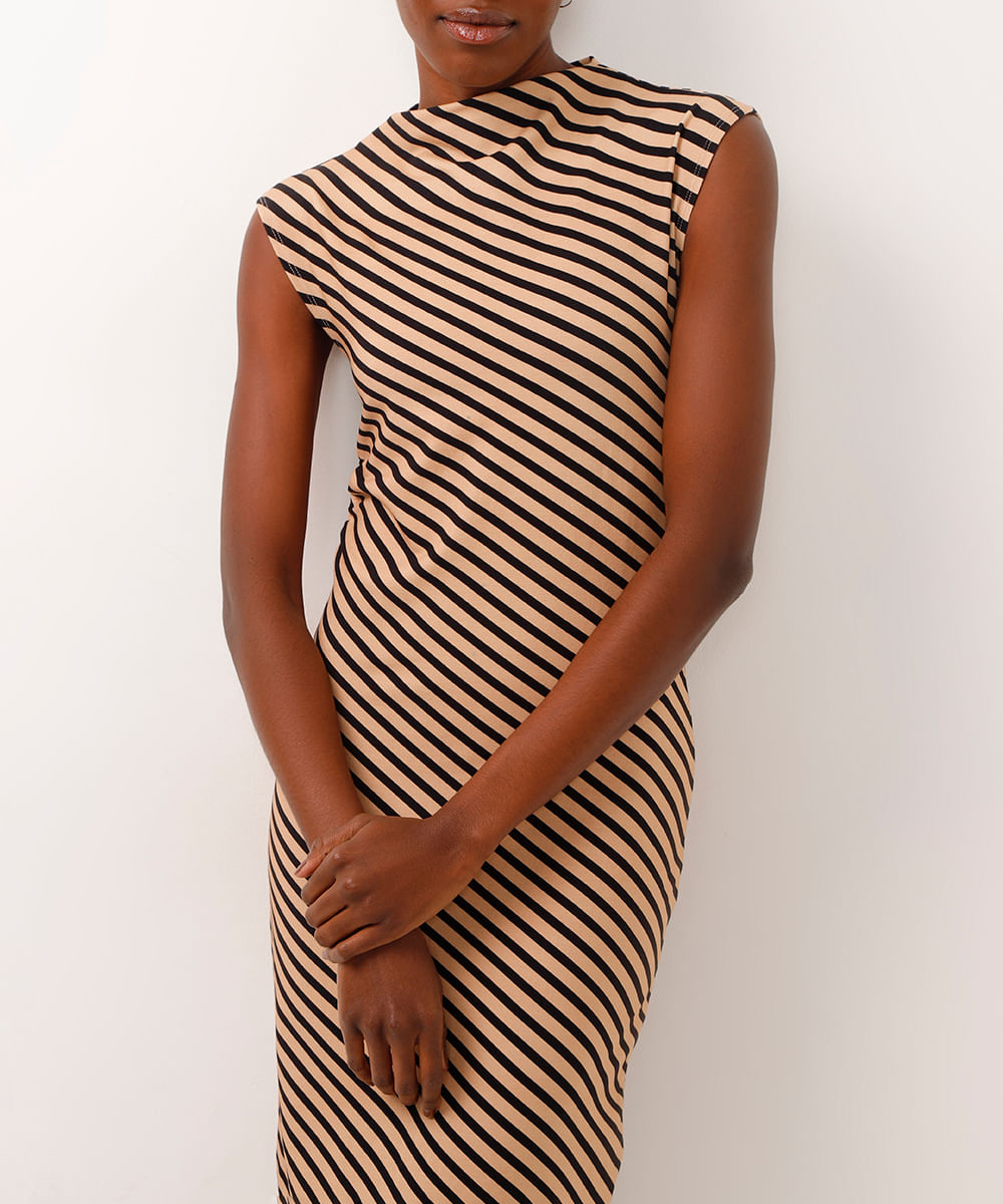 vestido midi manga japonesa listrado bege