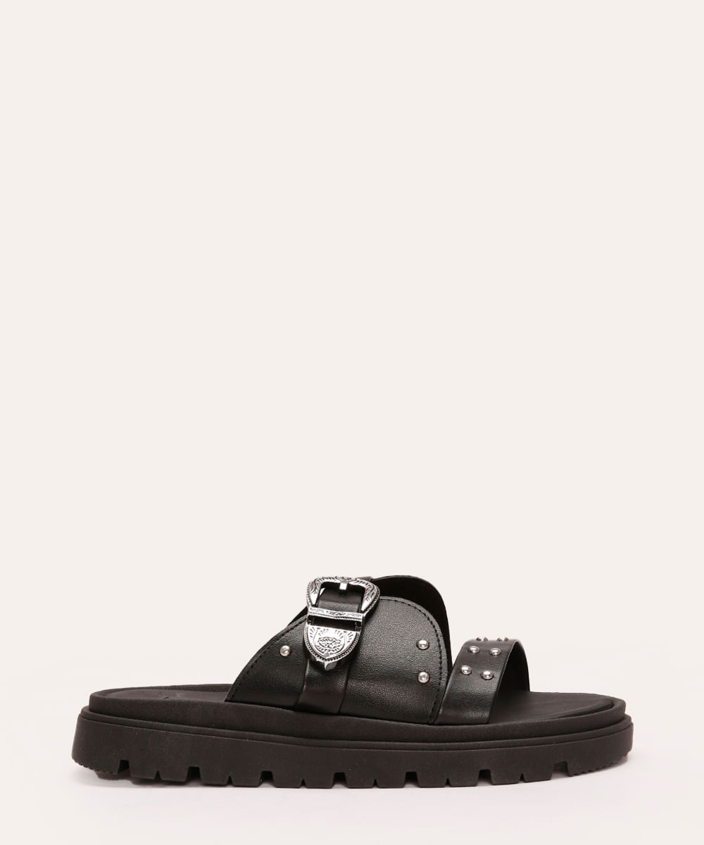 rasteira flatform moleca com tachas e fivela preto