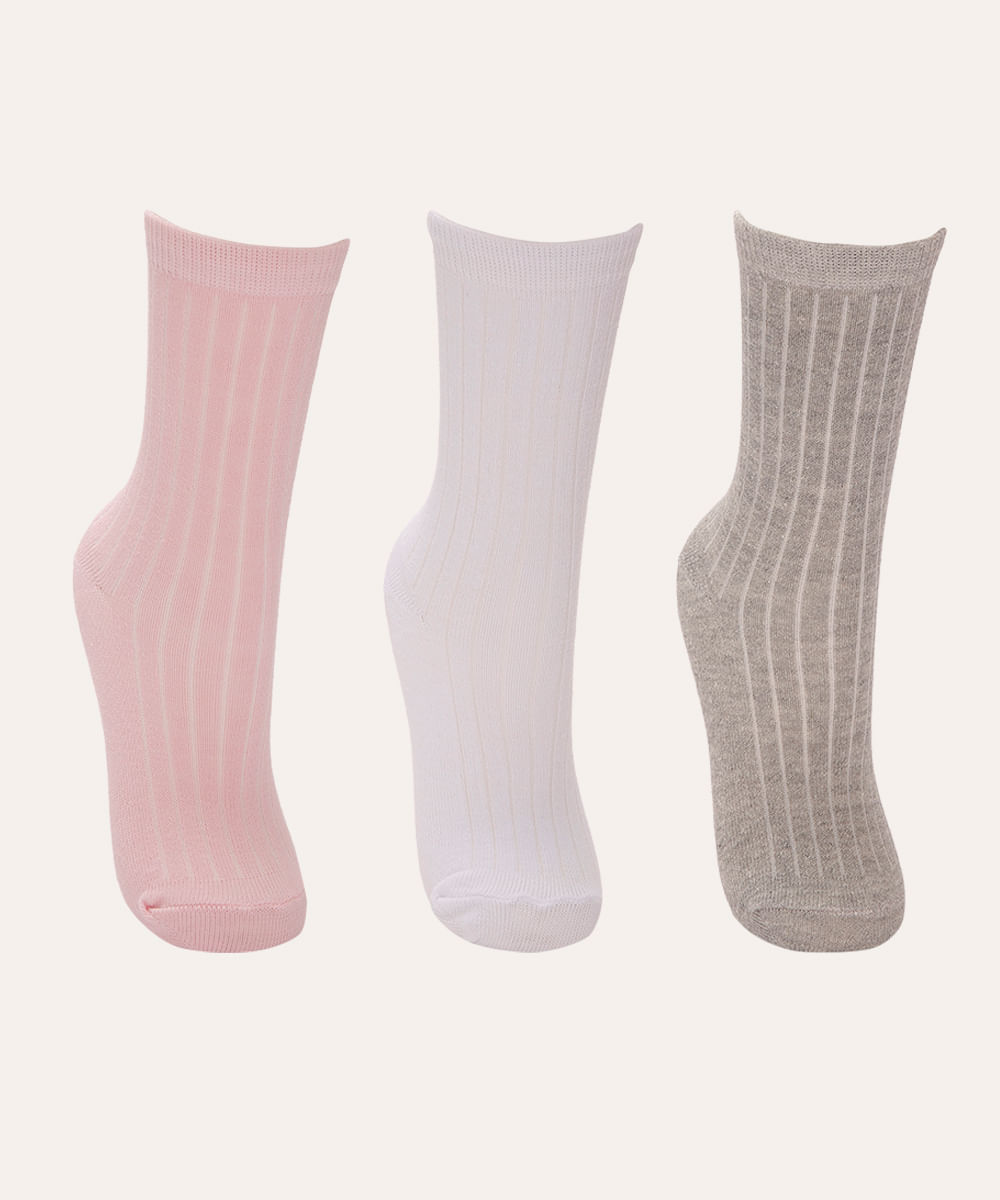 kit 3 pares de meias infantil cano alto colorida