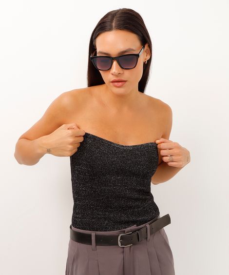 blusa de tricot com brilho sem alça preta