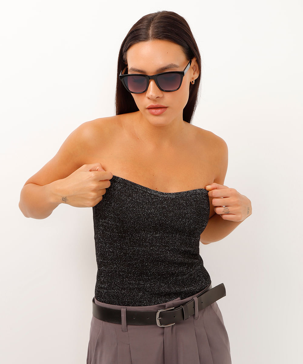 blusa de tricot com brilho sem alça preta
