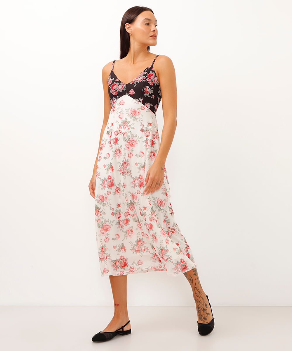 vestido midi de tule bicolor floral off white