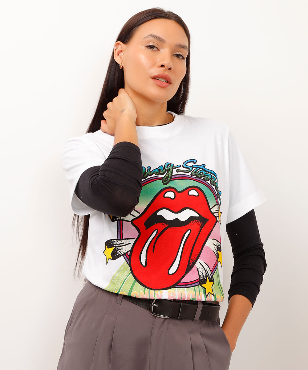 camiseta de algodão manga curta the rolling stones branca