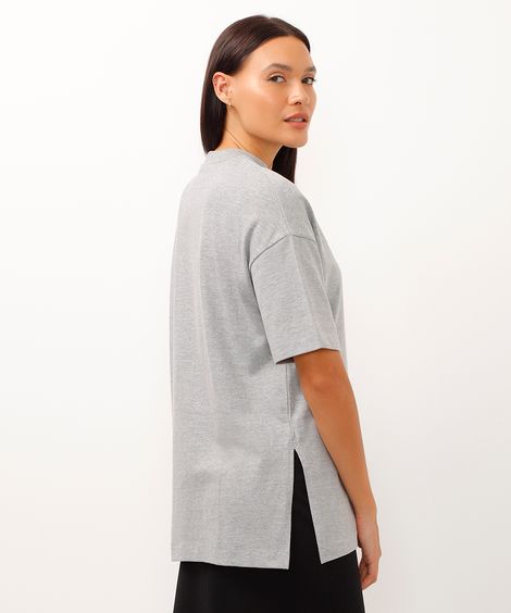 camiseta de algodão alongada com fenda cinza
