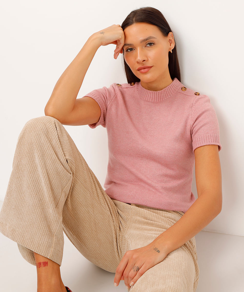 blusa de tricot manga curta com botões rosa
