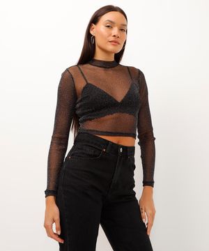 blusa cropped gola alta com brilho preta