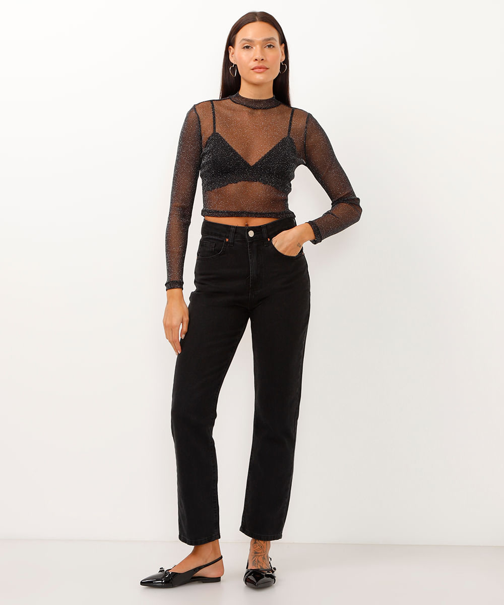 blusa cropped gola alta com brilho preta