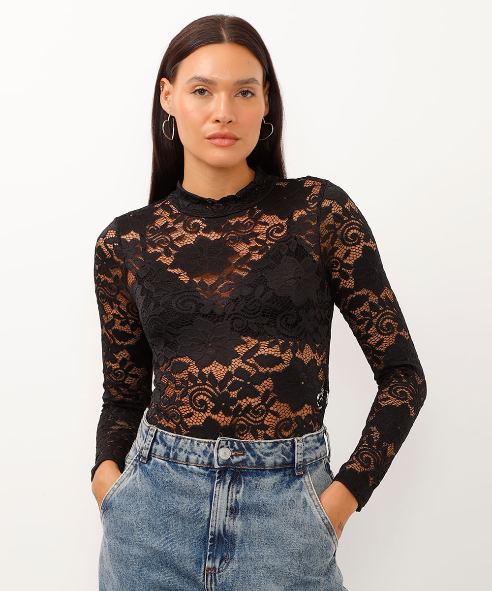 body gola alta manga longa de renda floral preto