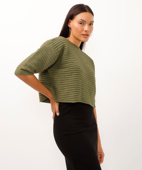 blusa cropped de tricô manga curta verde militar
