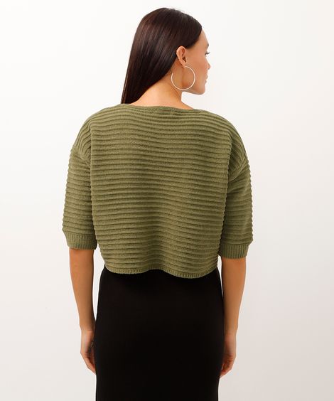 blusa cropped de tricô manga curta verde militar