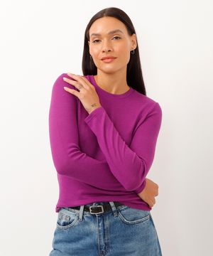 suéter básico de tricô decote redondo azul pastel - roxo uva