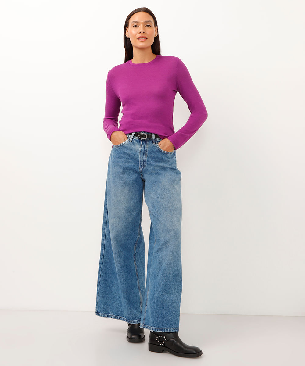 suéter básico de tricô decote redondo azul pastel - roxo uva