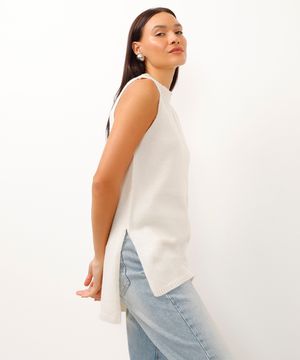 blusa de tricot alongada com fenda off white