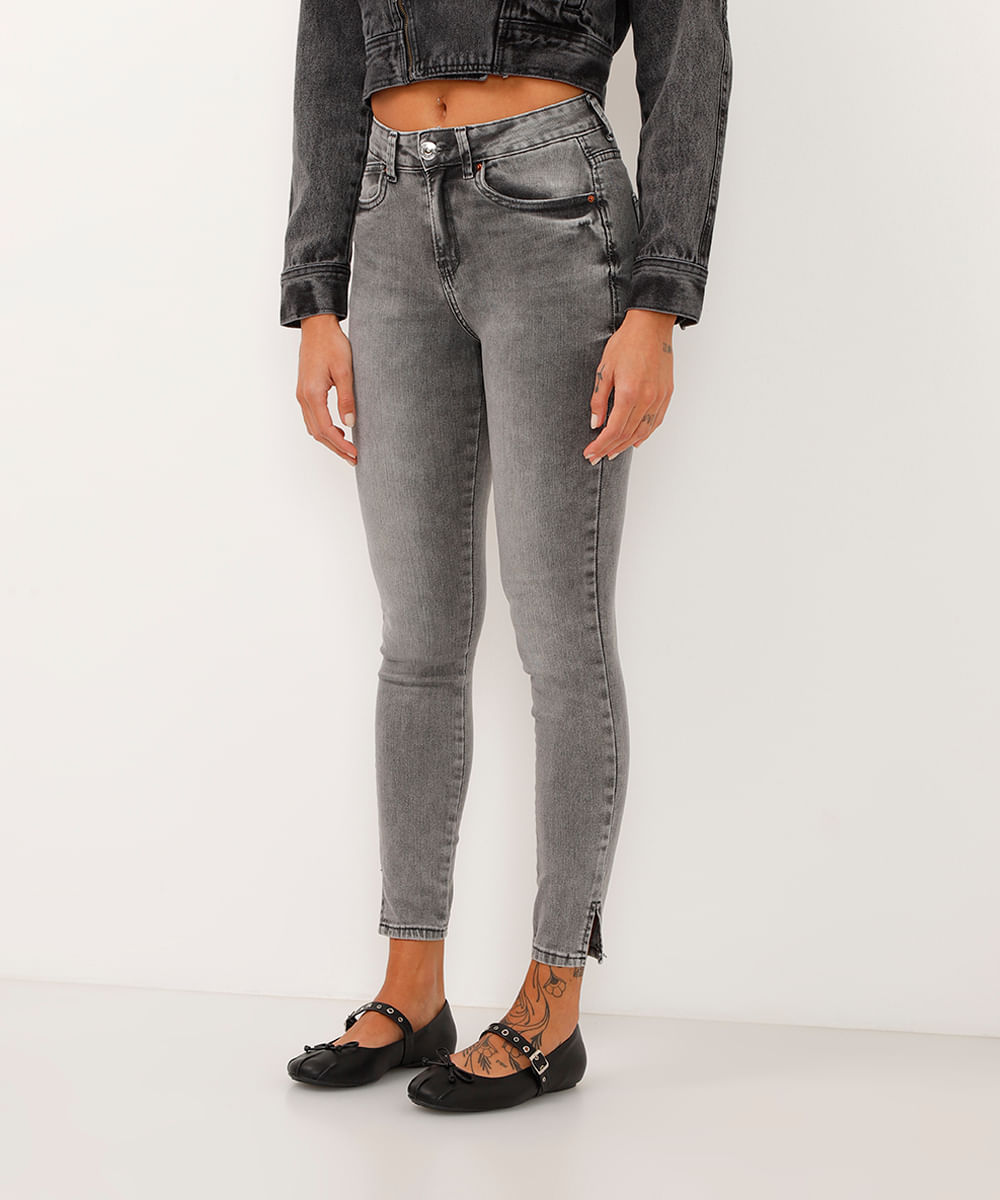 calça jeans new skinny cintura alta cinza