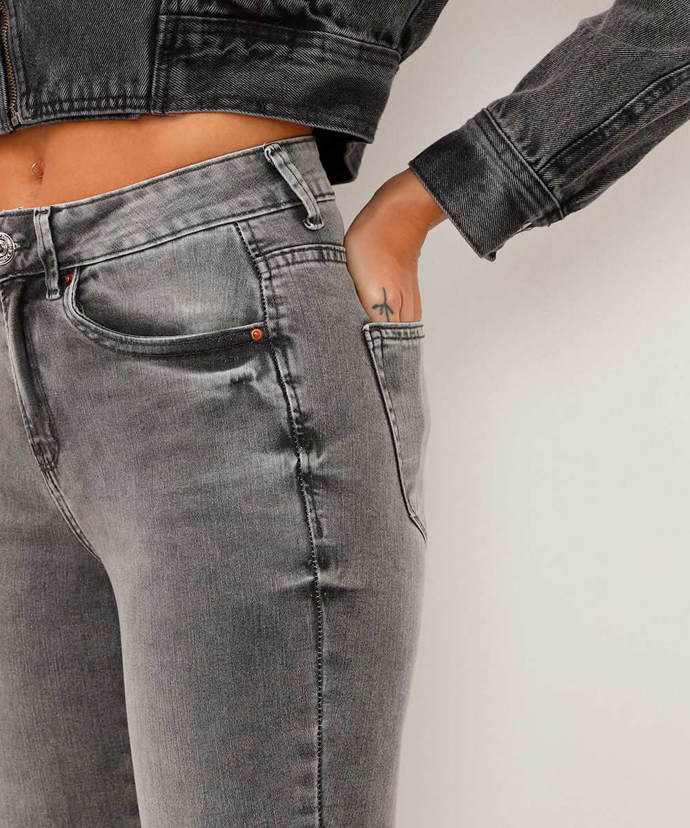 calça jeans new skinny cintura alta cinza