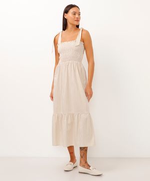 vestido midi alça com laço listrado bege