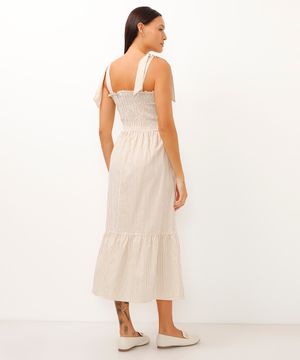 vestido midi alça com laço listrado bege