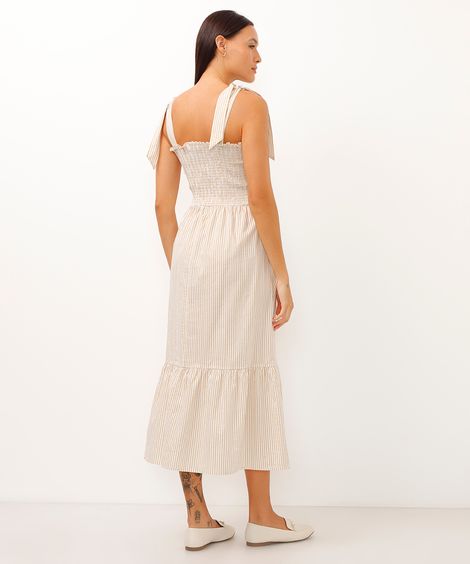 vestido midi alça com laço listrado bege
