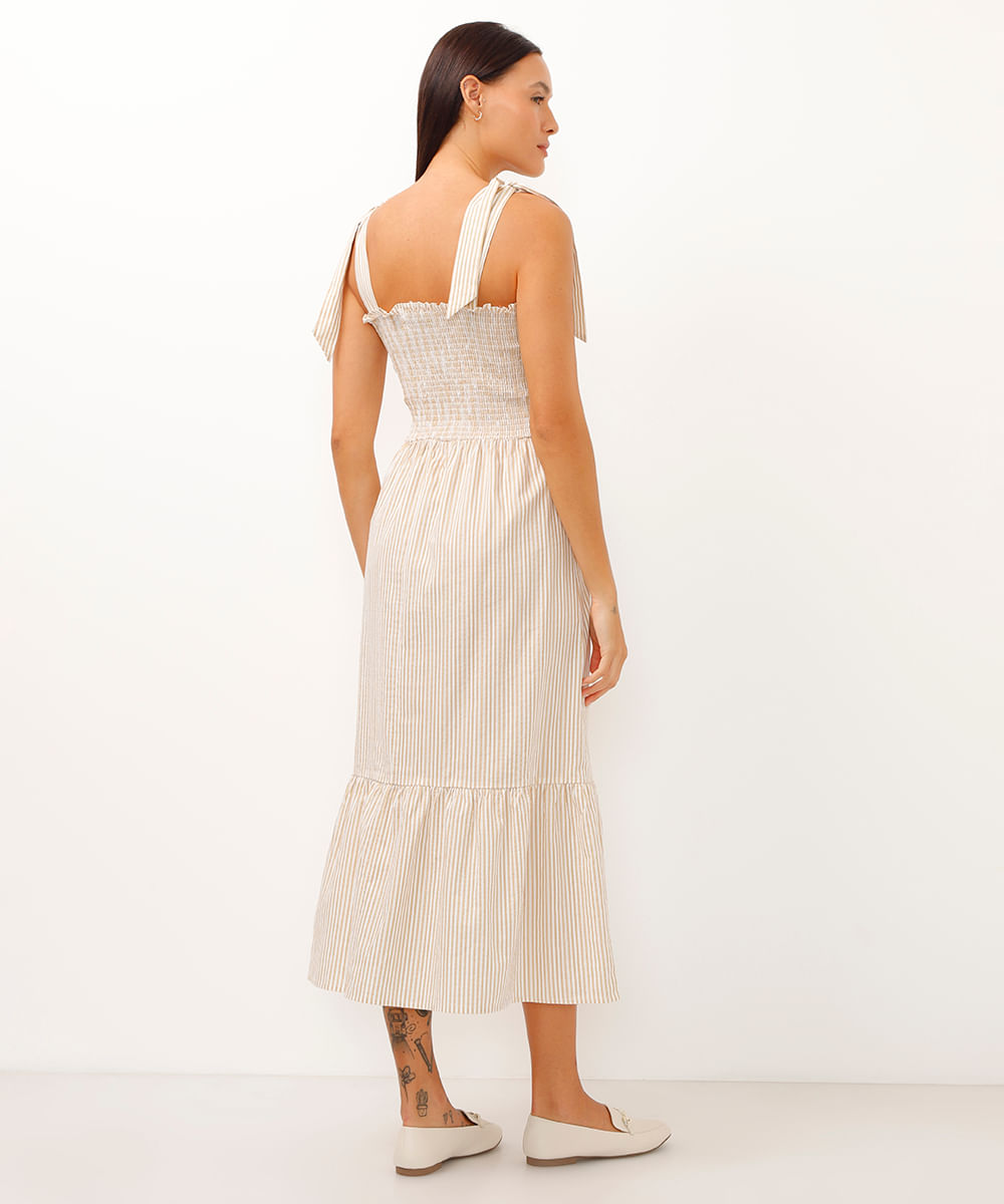 vestido midi alça com laço listrado bege