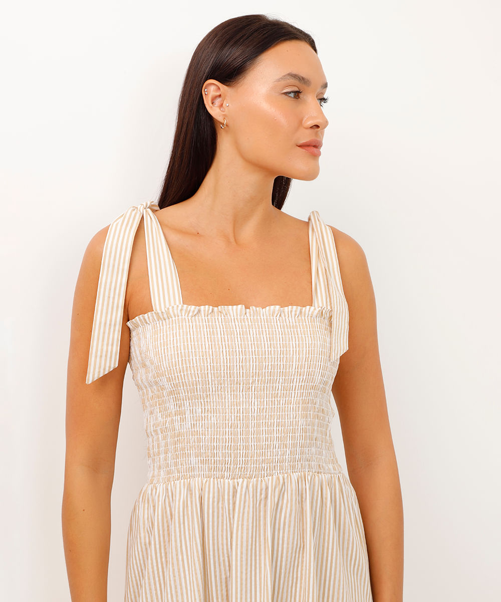 vestido midi alça com laço listrado bege